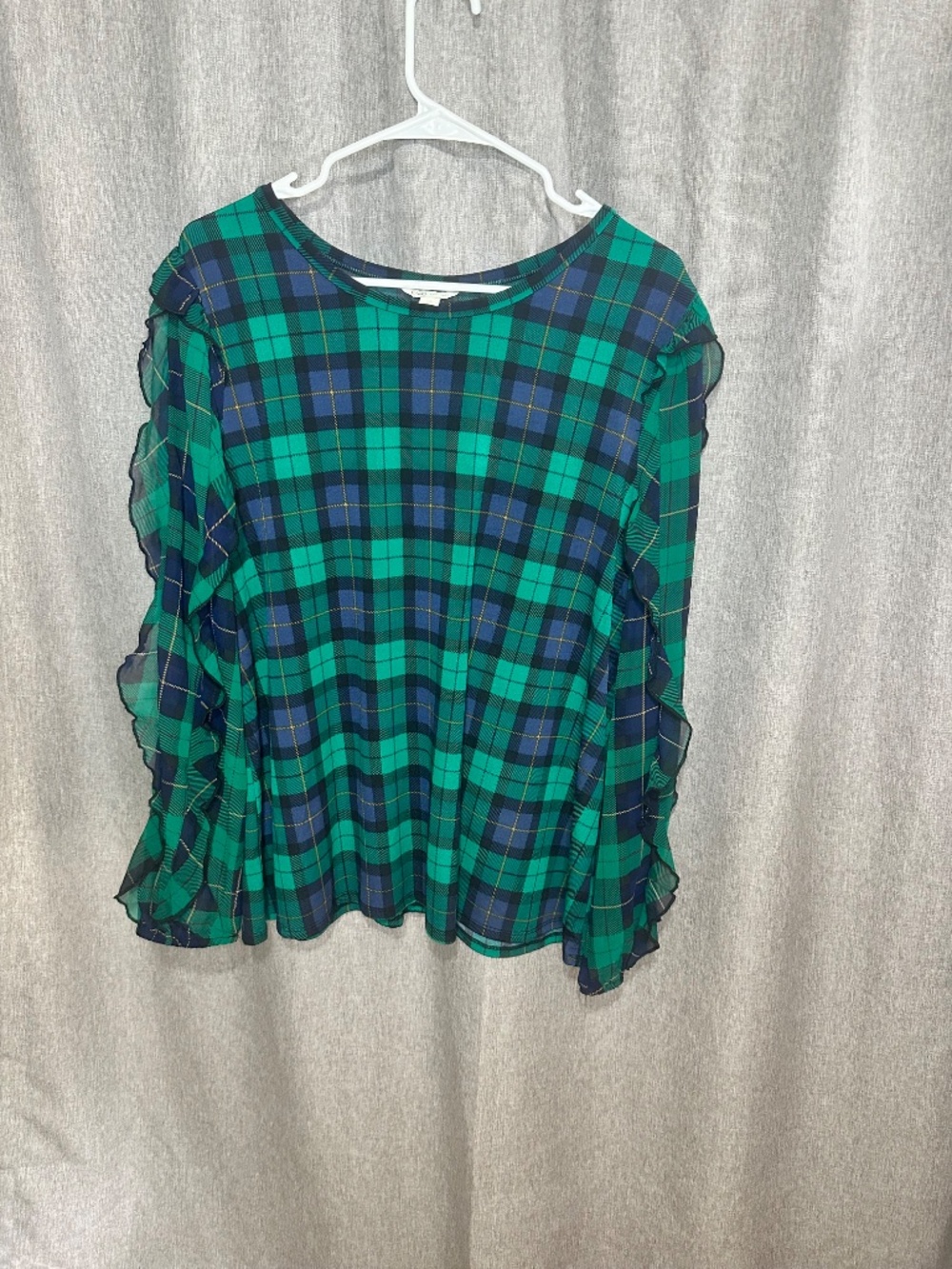 Cato Green & Navy Plaid Ruffle Long Sleeve Blouse Top XL